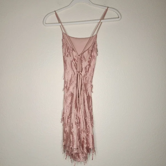 Lulus Making Magic Blush Pink Fringe Lace-Up Mini Dress XS - Picture 3 of 4